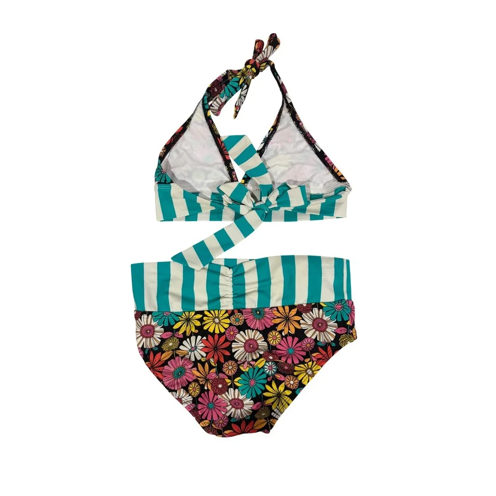 Roxy Girls Floral Striped Halter Bikini‎ Two Piece Swimsuit Teal Multicolor